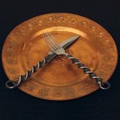medieval style iron fork and knife set with blacksmith twist, includes leather pouch with belt loop