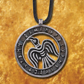 English pewter pendant of Viking raven surrounded by a circular band with Futhark runic   inscriptions, hangs from black thong