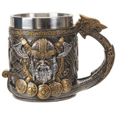 cold-cast resin Viking Longship Mug is hand painted with axes and knotwork to look like metal, stainless steel insert inside