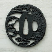 Black iron tsuba on Koi Wakizashi from Paul Chen / Hanweo  depicts a finely rendered Koi, with front and back detail