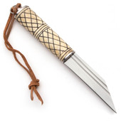 Voyager Scramasax Viking Knife has  carved bone handle with black stained, hand-cut cross-hatching
