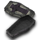 Celtic Cross Coffin Trinket Box has black and purple Celtic cross on lid, bottom resembles black satin on the inside