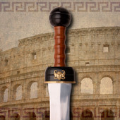 Arena gladius with high carbon steel blade, 2 tone hilt with a glossy finish, brass plate at the base, double edged sharp blade