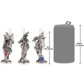 set of 3 silver dragon ornaments, each has a faceted faux gemstone that sparkles in the light