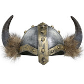 horned viking helmet for men and women has rubber horns, faux fur, rubber helmet has realistic metallic finish