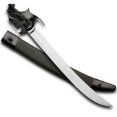 Windlass Heritage Series Pirate Cutlass has a green leather covered wood scabbard with metal chape featuring a skull and crossbones medallion.