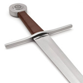 Windlass Heritage Series Oakeshott Type XVIII Sword has a wheel pommel with a floral symbol and wet wrapped leather grip