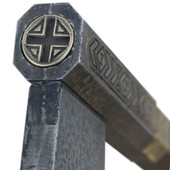 Bearded Axe of Gimli has stainless steel blade, brass engraved decorations and weathered steel finish, composite handle