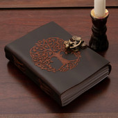 Tree of Life Soft Leather Journal with embossed design, handmade parchment paper inside, metal latch to secure