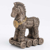 Miniature polystone Trojan Horse statue with bronze finish is the perfect size to display on shelves