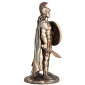 small bronze cold cast resin statue has colored accents, depicts Ares in a plumed helmet with a shield and sheathed gladius