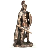 small bronze cold cast resin statue has colored accents, depicts Ares in a plumed helmet with a shield and sheathed gladius