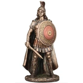 small bronze cold cast resin statue has colored accents, depicts Ares in a plumed helmet with a shield and sheathed gladius