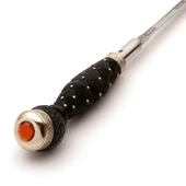 Scottish Sword Stick Walking Cane has engraved stainless steel blade, carved handle has silver pommel with faux topaz on top