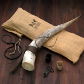 Oversized Drinking Horn includes stand, Bottle Opener, holster, jute carry bag, shot glasses and iron bottle opener