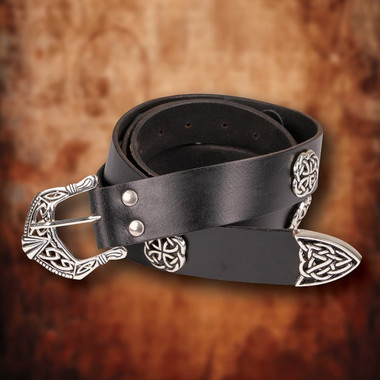 22日まで！ARGUELONG LETHER BELTBLACKx silver Overlord Long Black Leather Belt with Celtic Crosses