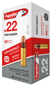 Aguila 22LR Ammunition 1B222320 Interceptor Hyper Velocity 40 Grain Copper Plated Round Nose 50 Rounds