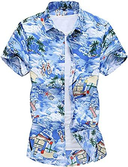 Men's Fashion Print Shirts Casual Lapel Short Sleeve T-Shirts Cotton Button-Up Shirts