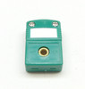 This IEC color coded type K mini thermocouple connector has a white label field and the internal metal prongs are made from compensating metal alumel and chromel