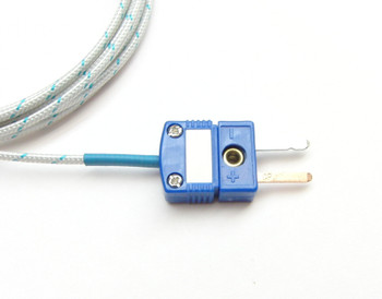 The male mini connector of a T-type extension wire with blue braided fiberglass insulation