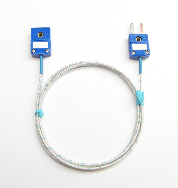 a 3 ft long T-type thermocouple extension wire with braided fiberglass insulation and glass filled nylog plugs