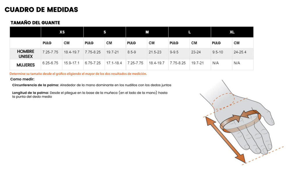 Guantes Black Diamond Transition - Cuadro de Medidas