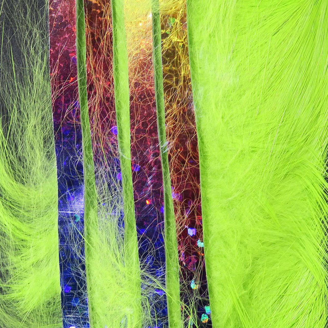 Hareline Magnum Bling Rabbit Strips Chartreuse with Holo Rainbow Accent