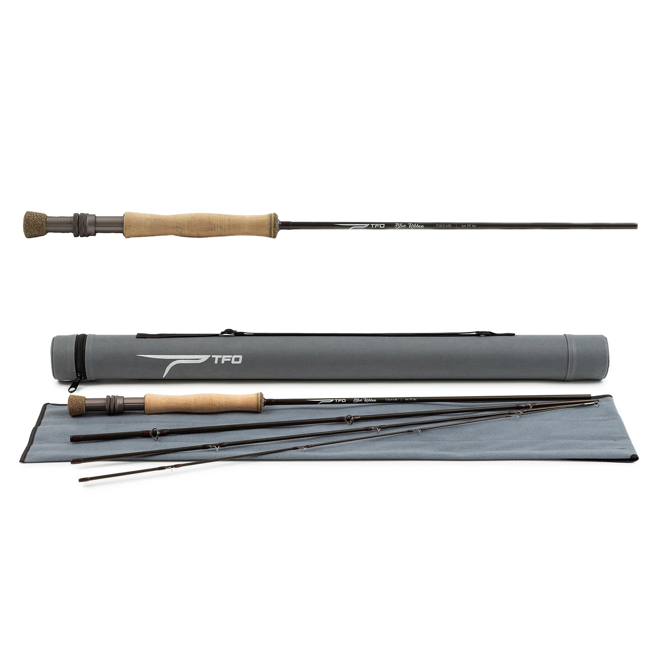 TFO Blue Ribbon fly rod with full wells grip, fighting butt, tube and sock