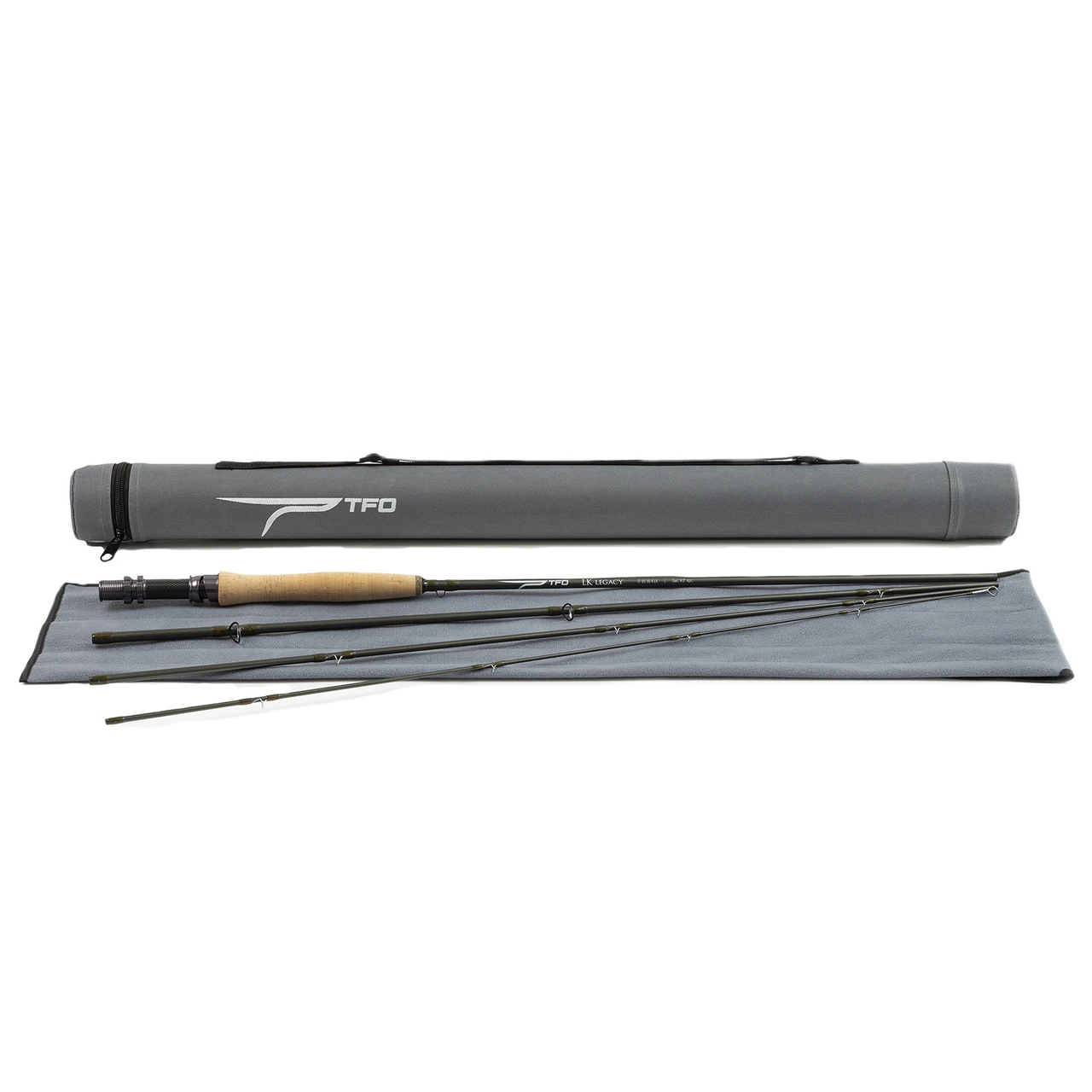 TFO LK Legacy 4-piece fly rod on rod sock with gray rod tube
