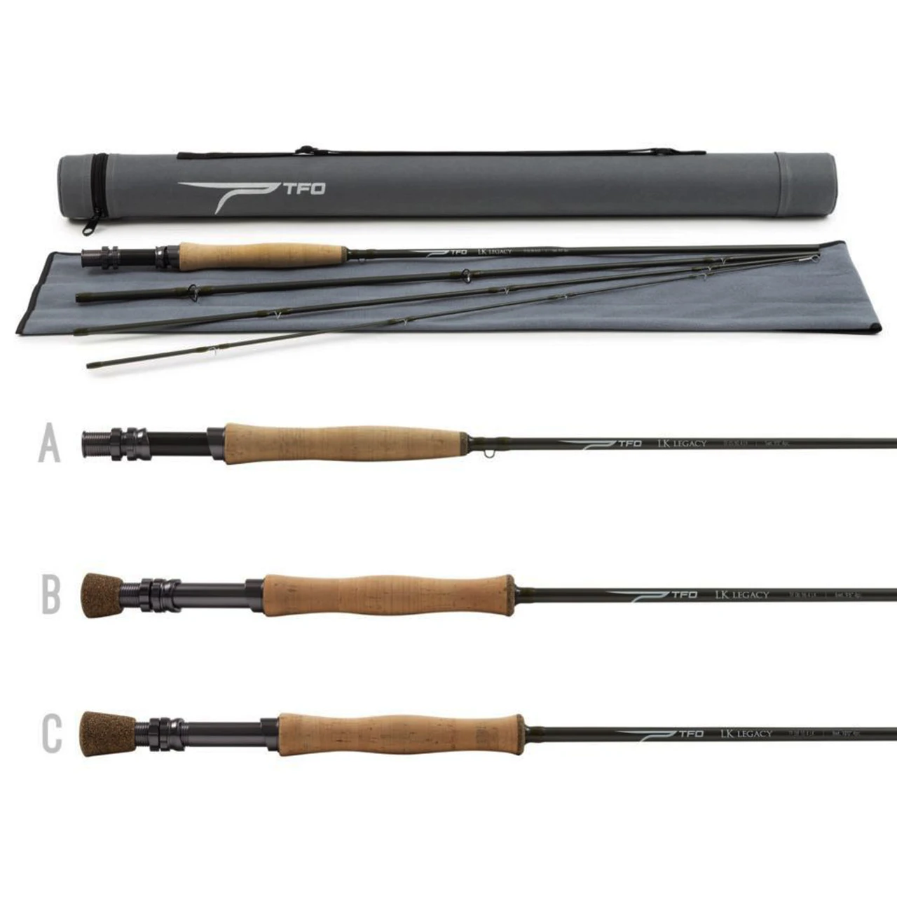 TFO LK Legacy rod and tube with Handle A, B and C grips compared