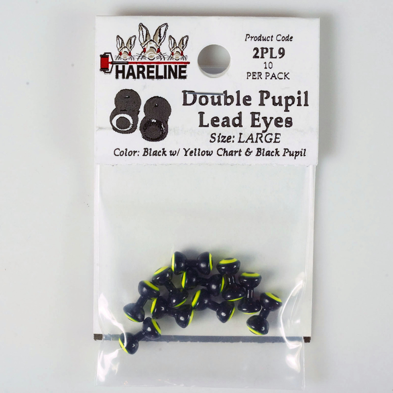 Hareline Double Pupil Lead Eyes Large Black W Yellow Chart and Black