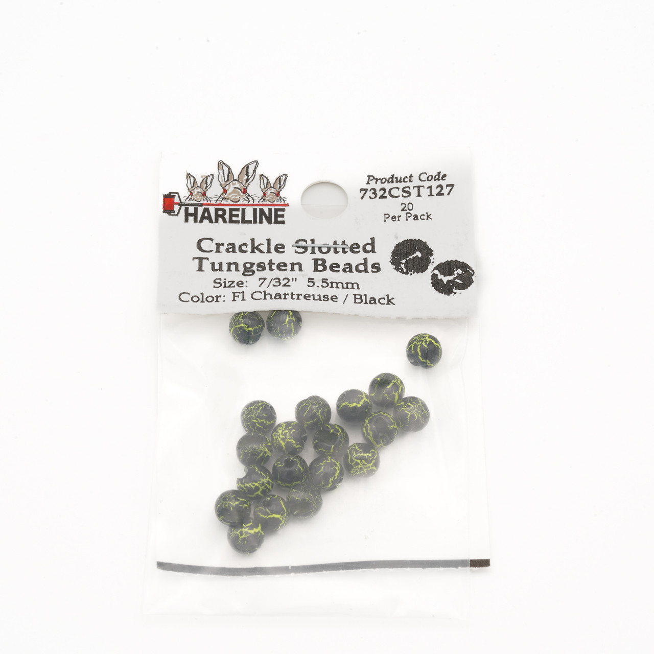 Hareline Crackle Slotted Tungsten Beads 5.56 mm - 7/32 Fl Chartreuse / Black