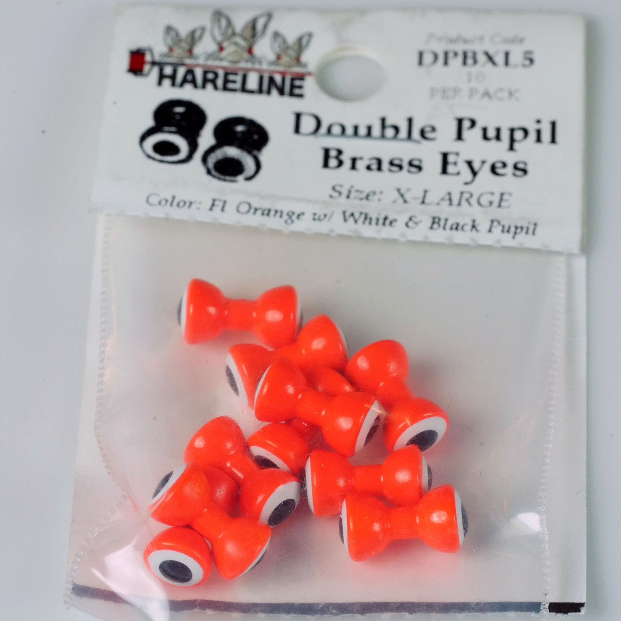 Hareline Double Pupil Brass Eyes XL Fl Orange with White and Black
