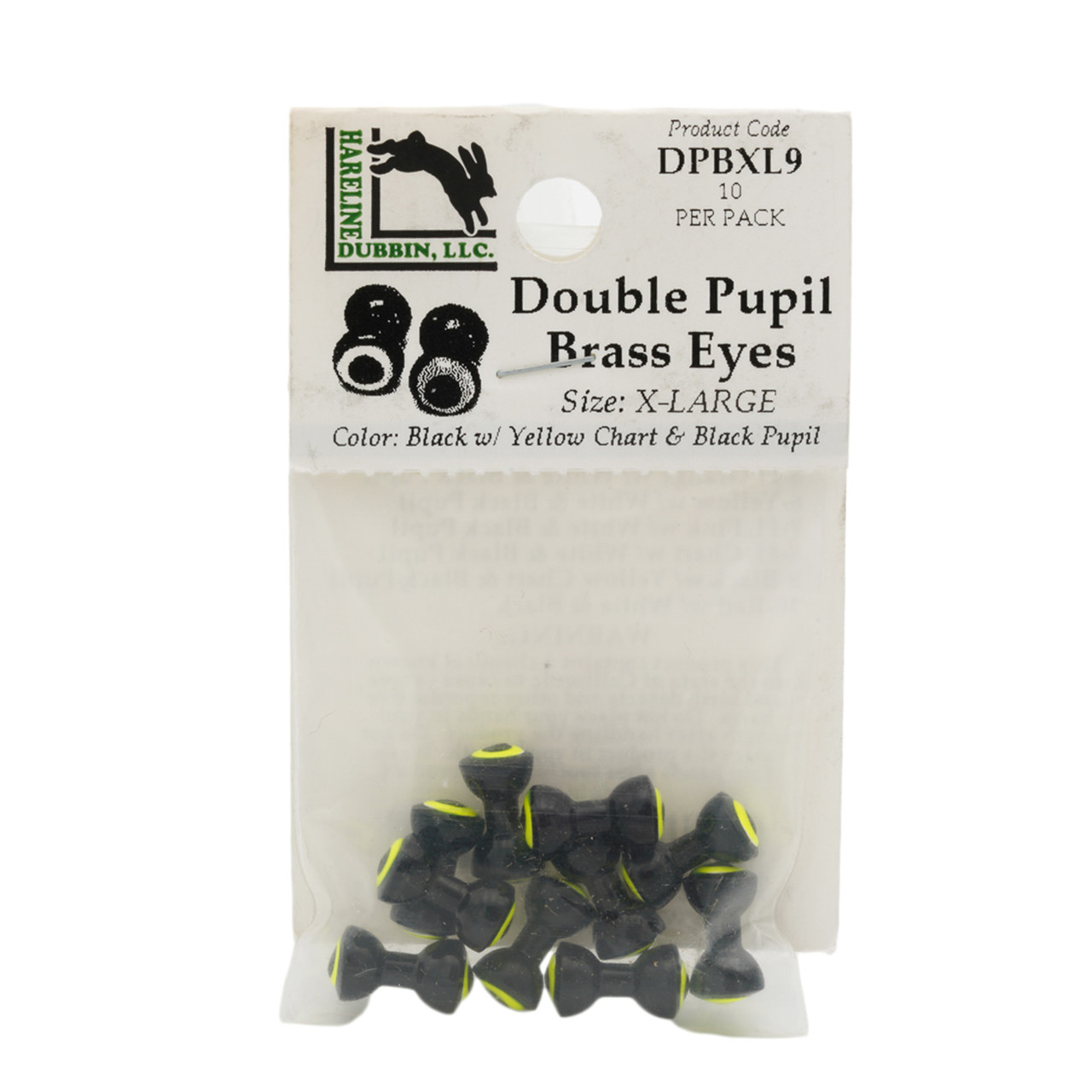 Hareline Double Pupil Brass Eyes XL Black with Yellow Chartr and Black
