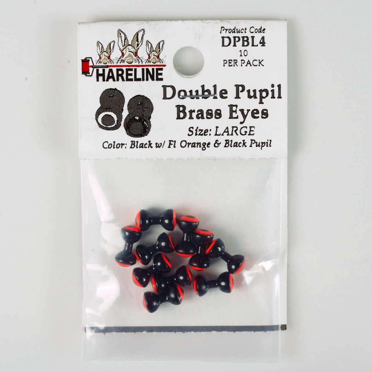 Hareline Double Pupil Brass Eyes Large Black with Fl Orange and Black
