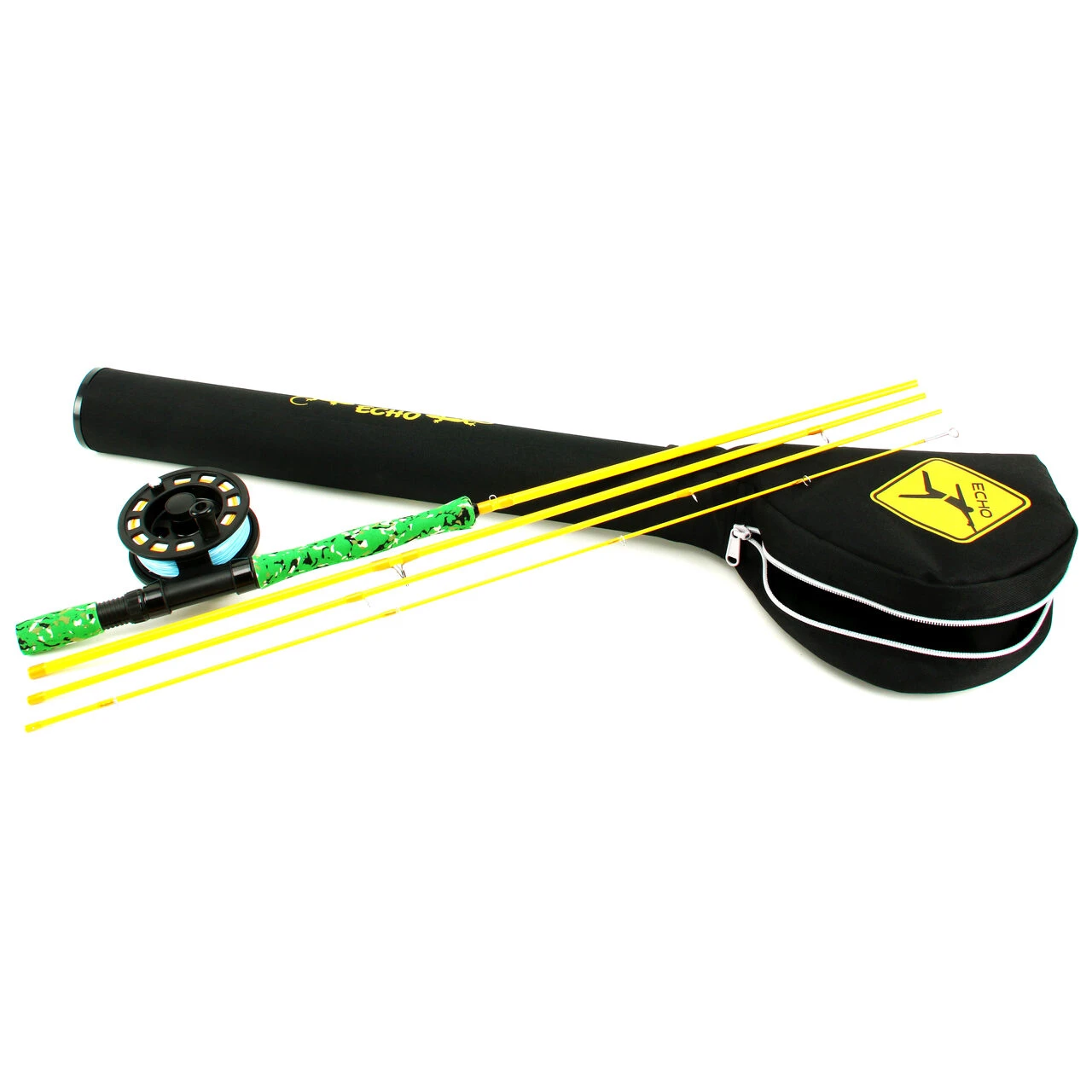 Echo Gecko Trout kit with green camo grip, reel and zippered case