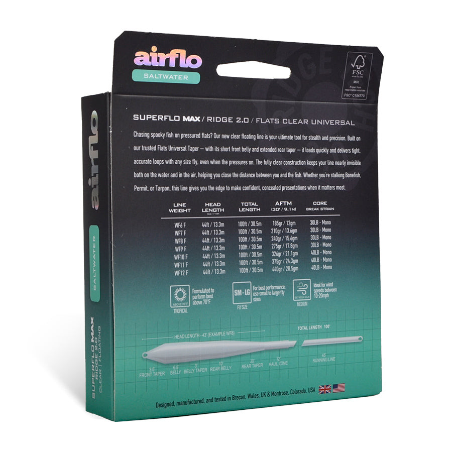 Airflo Superflo Max Ridge 2.0 Flats Universal Clear Floating Fly Line Back of Box