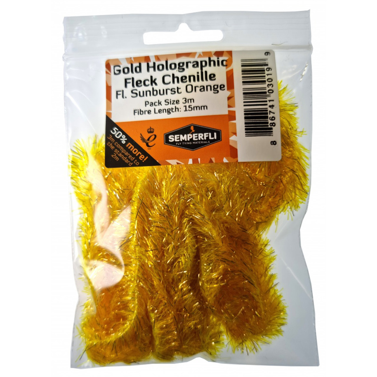 Semperfli Fluoro Gold Holographic Fleck Chenille 15mm Sunburst Orange