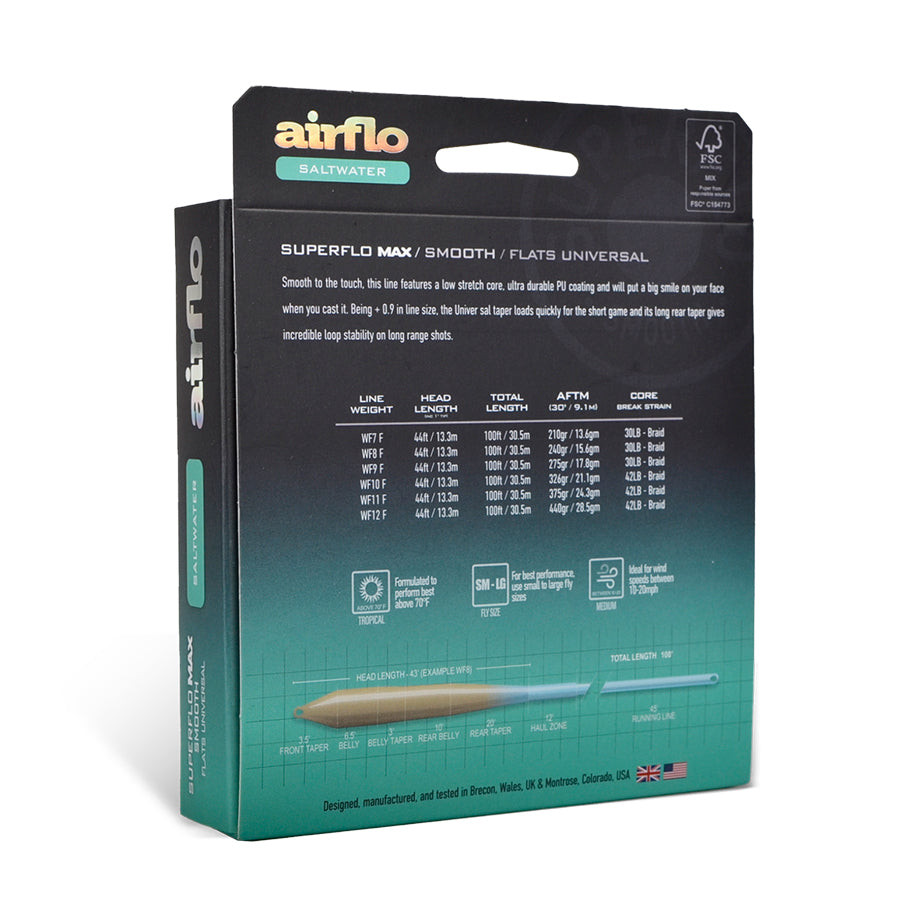 Airflo Superflo Max Smooth Flats Universal Taper Sand Blue Sky Fly Line Back of Box