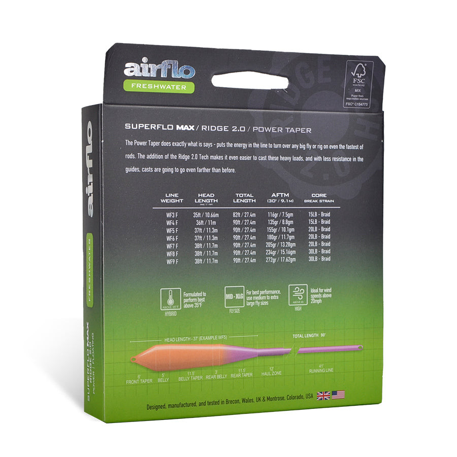 Airflo Superflo Max Ridge 2.0 Power Taper Fly Line Back of Box