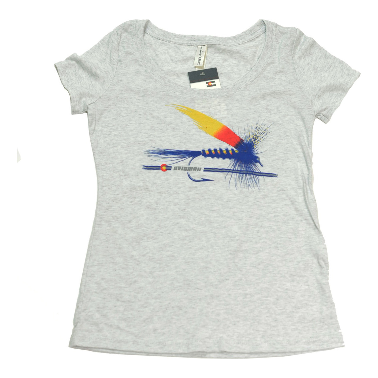 AvidMax Fly Fishing Women's CO Painted Trout Fly Scoop Neck Tri-Blend Jersey Tee - Heather White