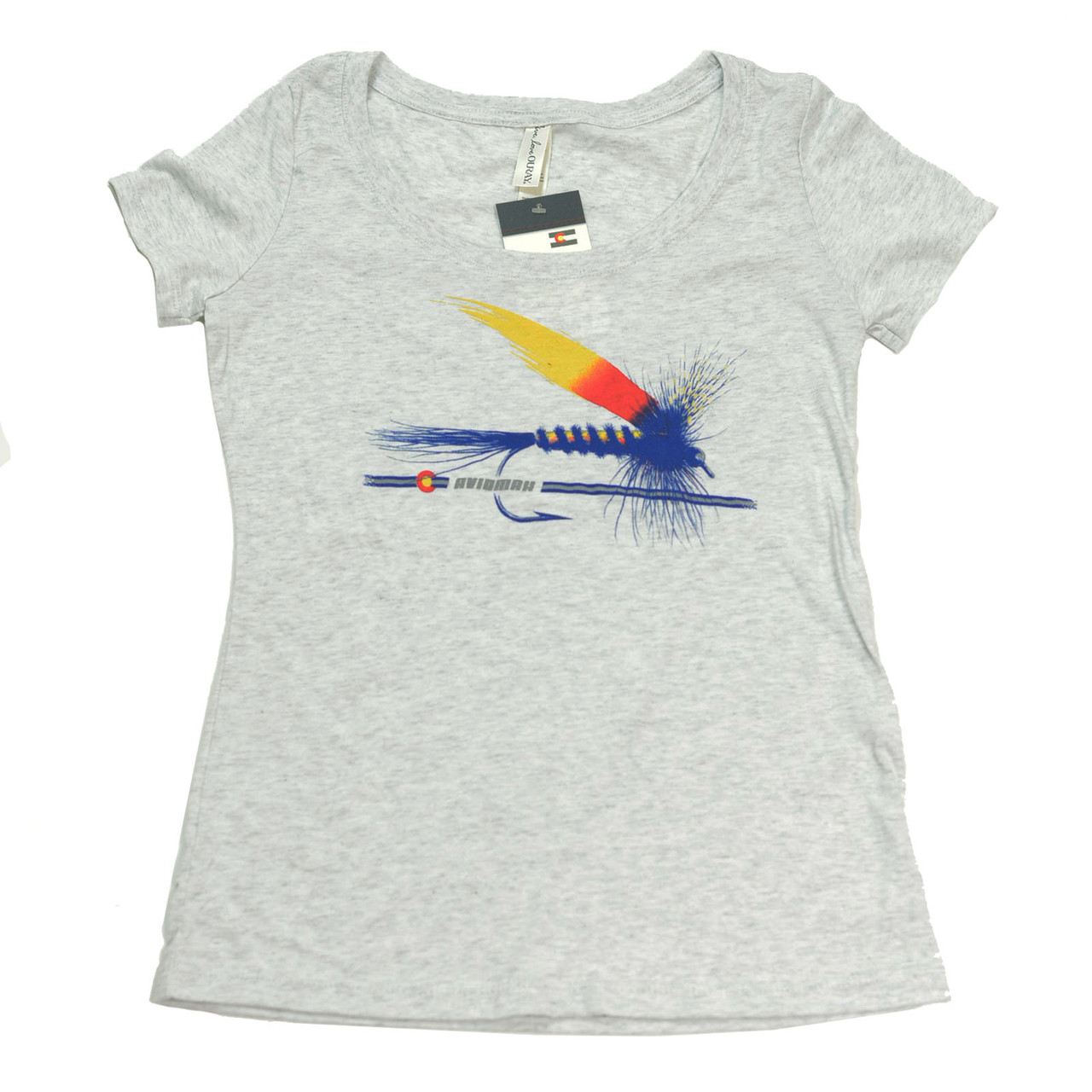AvidMax Fly Fishing Women's CO Painted Trout Fly Scoop Neck Tri-Blend Jersey Tee Small Heather White