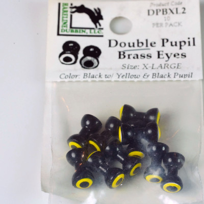 Hareline Double Pupil Brass Eyes XL Black with Yellow and Black