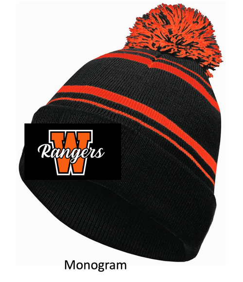 BLACK AND ORANGE ACRYLIC KNIT POM POM HAT (ONE SIZE) lanxc
