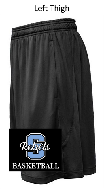 BLACK POLYESTER 9" SHORTS WITH POCKET (YOUTH AND ADULT) warbbbthigh