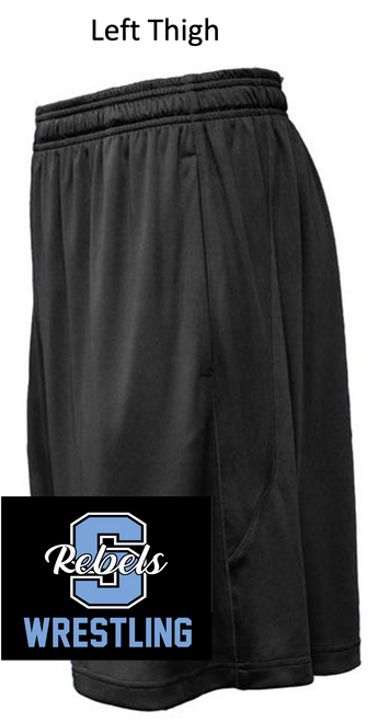 BLACK POLYESTER 9" SHORTS WITH POCKET (YOUTH AND ADULT) southwrthigh