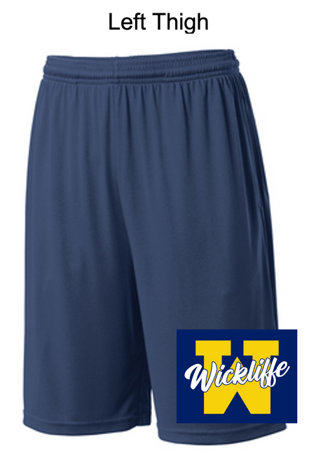 NAVY POLYESTER 9" SHORTS WITH POCKET (YOUTH AND ADULT) wickelemthigh