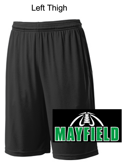 BLACK POLYESTER 9" SHORTS WITH POCKET (YOUTH AND ADULT) mayyfbthigh