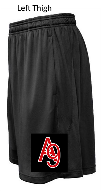 BLACK POLYESTER 9" SHORTS WITH POCKET (YOUTH AND ADULT) andy9ersthigh