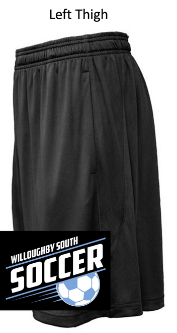 BLACK POLYESTER 9" SHORTS WITH POCKET (YOUTH AND ADULT) sougsocthigh